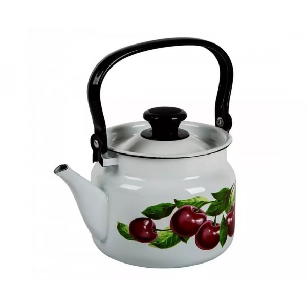 Чайник эмалированный КМЗ 42704-102/6-У4 цилиндрический с рисунком Вишневый сад (белый) 2,0л
