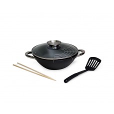 Сковорода-вок с крышкой Kamille KM-4806MR чугунная с мраморным покрытием 28см (нейлоновая лопатка бамбуковые палочки сетка)