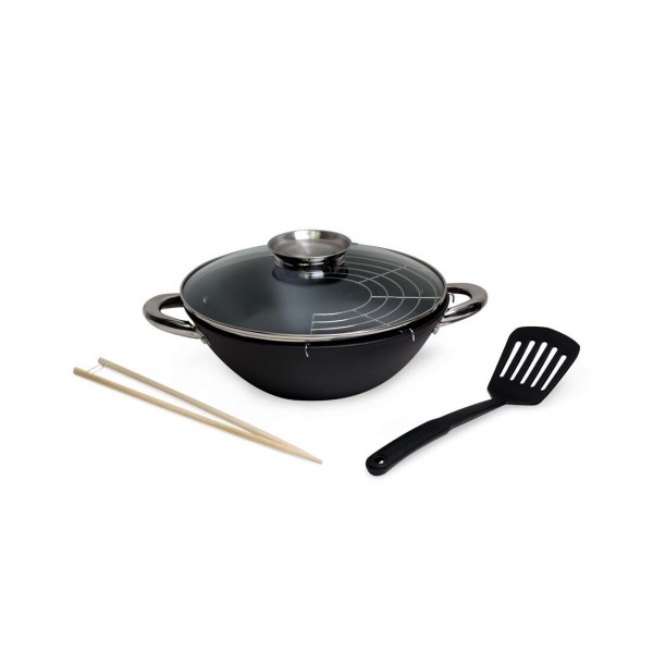 Сковорода-вок с крышкой Kamille KM-4806MR чугунная с мраморным покрытием 28см (нейлоновая лопатка бамбуковые палочки сетка)