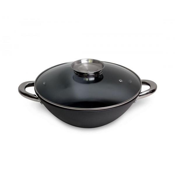 Сковорода-вок с крышкой Kamille KM-4806MR чугунная с мраморным покрытием 28см (нейлоновая лопатка бамбуковые палочки сетка)