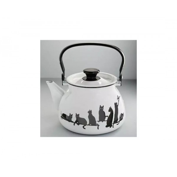 Чайник эмалированный КМЗ 42104-122/6-У4 сферический с рисунком Кошечки (белый) 3,0л