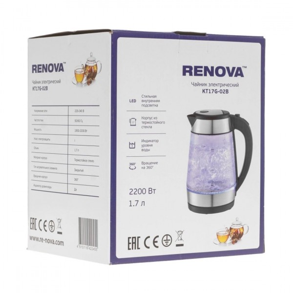 Электрочайник Renova KT17G-02B 2200Вт 1,7л стеклянный